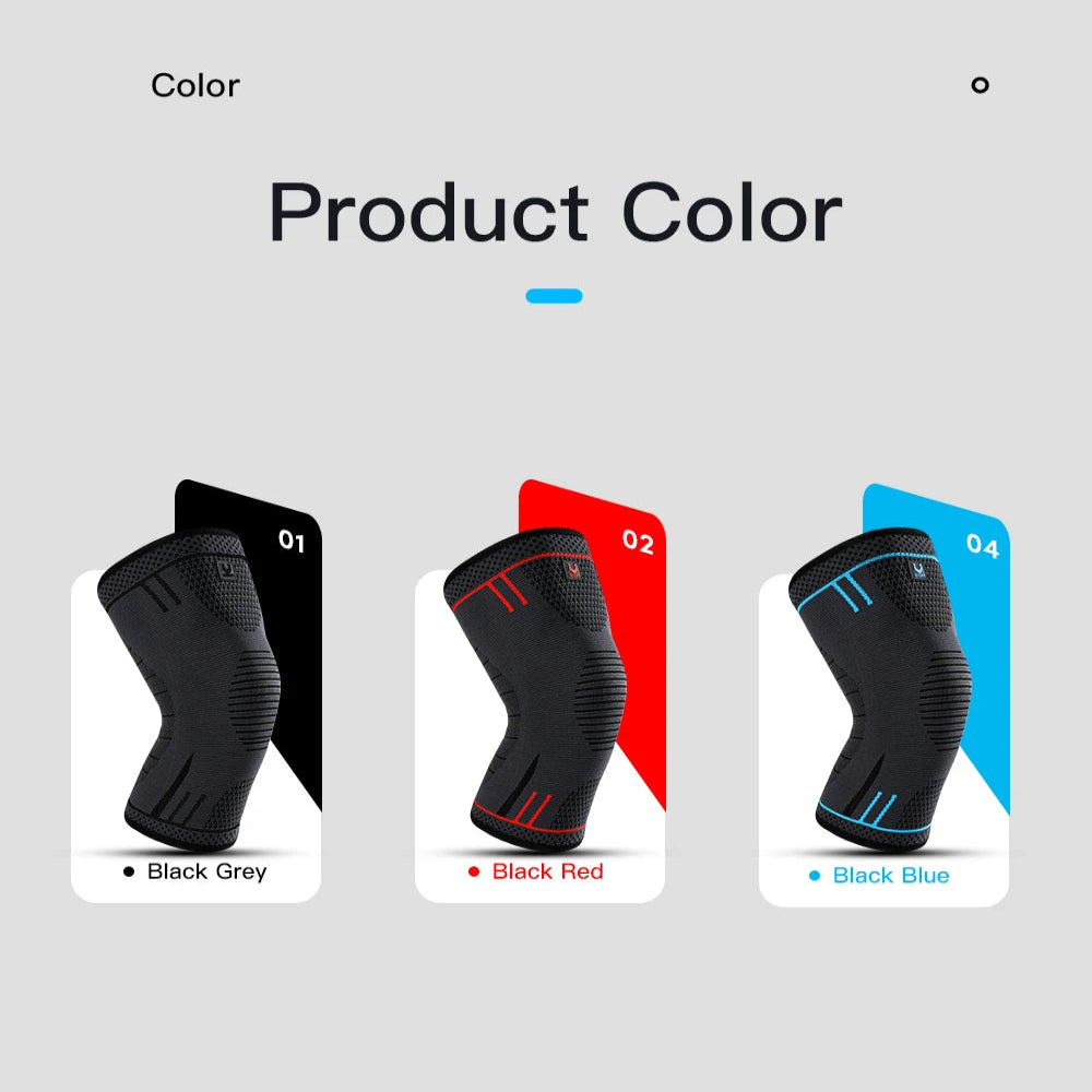 Knee pads in black, red, and blue on a gray background with color options displayed.