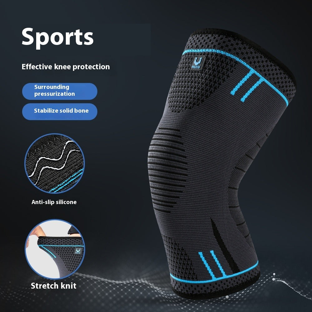 Black knee brace with blue accents on a dark background, featuring text and icons about its features.