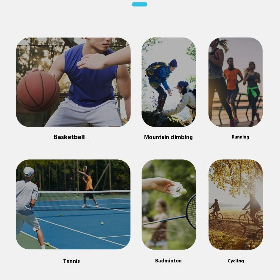 Screen displaying various sports activities with icons and text on a white background
