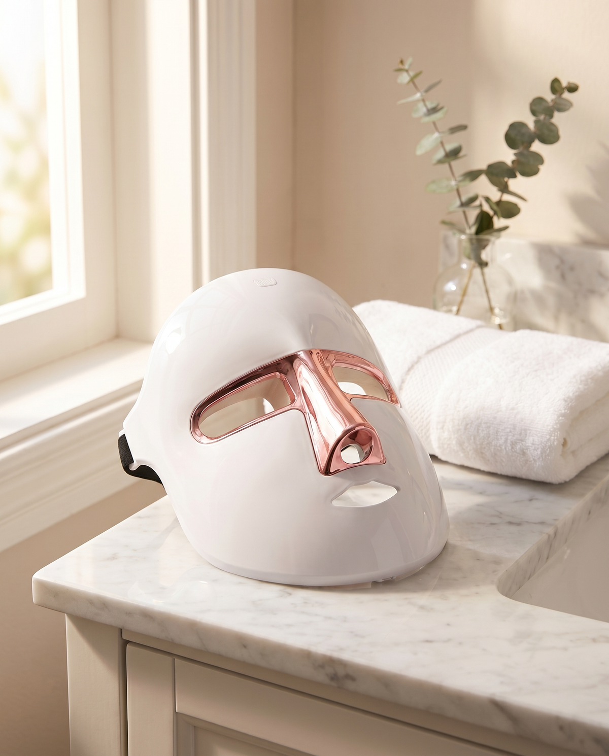 White LED face mask with rose gold accents on a marble surface near a window.