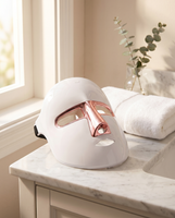 White LED face mask with rose gold accents on a marble surface near a window.